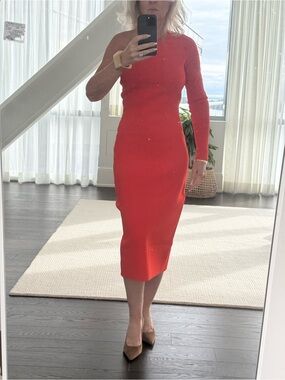 Victoria Beckham Red Fitted Long-Sleeve Midi Dress